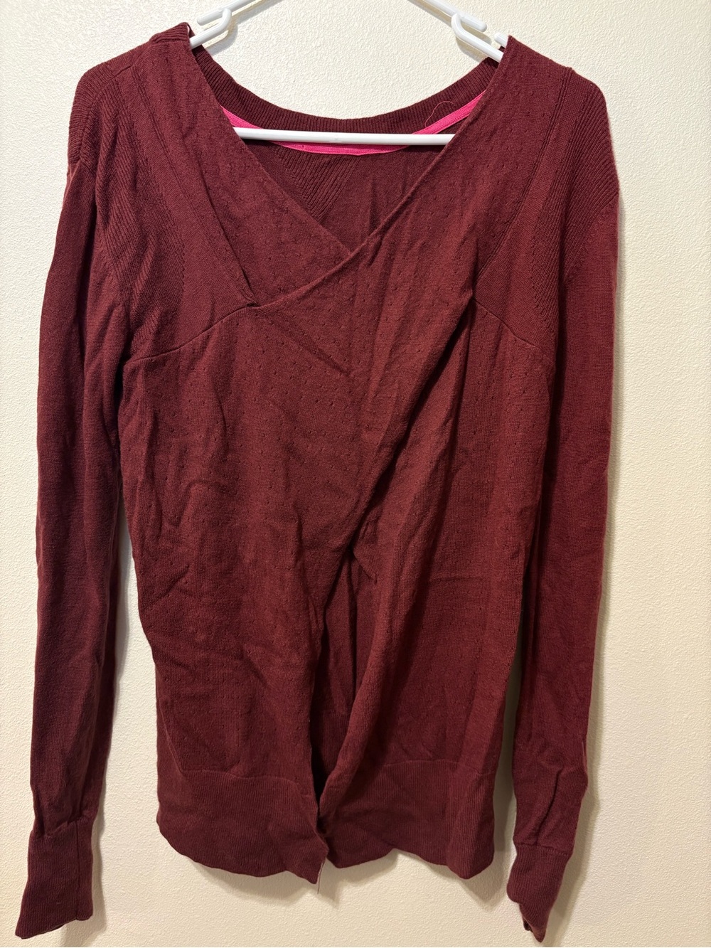 Women's Burgundy Crossover V-Neck Sweater with open front.
